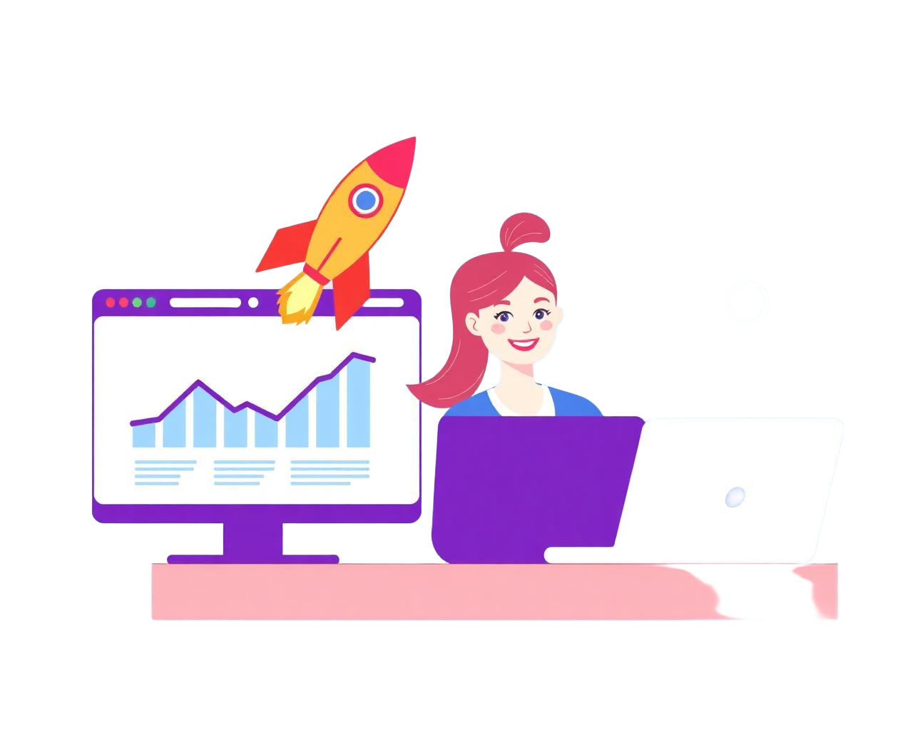 Illustration of a designer working on a website with charts and a rocket launching